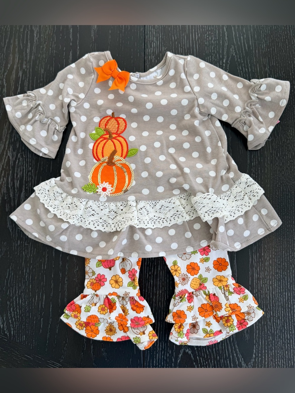Girls Polka Dot Pumpkin Tunic & Floral Ruffle Leggings - Orange Accent